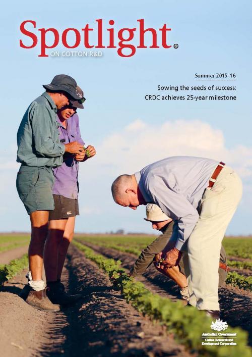 Cover of Spotlight Magazine - Summer 2015-16. Three generations of a cotton farming family inspecting a cotton crop in the paddock. 