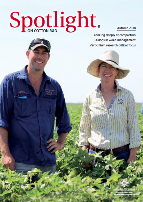Cover of Spotlight Magazine - Autumn 2018. A cotton grower and a researcher standing in a cotton crop.
