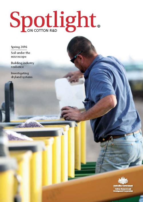 Cover of Spotlight Magazine - Spring 2016. A cotton grower emptying cotton seed into a cotton planter.